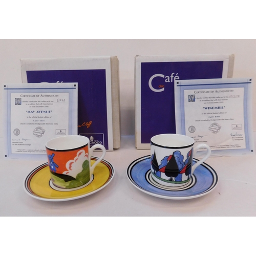 533 - Wedgwood Clarice Cliffe cafe chic 'May Avenue' and 'Windmill' cup and saucer set with COA and origin... 