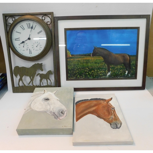 512A - Three oriental horse themed pictures and vintage clock