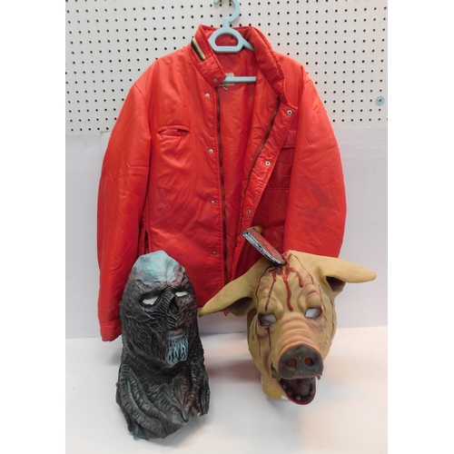 104 - 2x horror masks and vintage red sports jacket