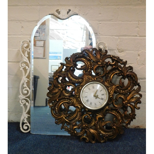 121 - Painted metal framed mirror and Jaeger wall clock