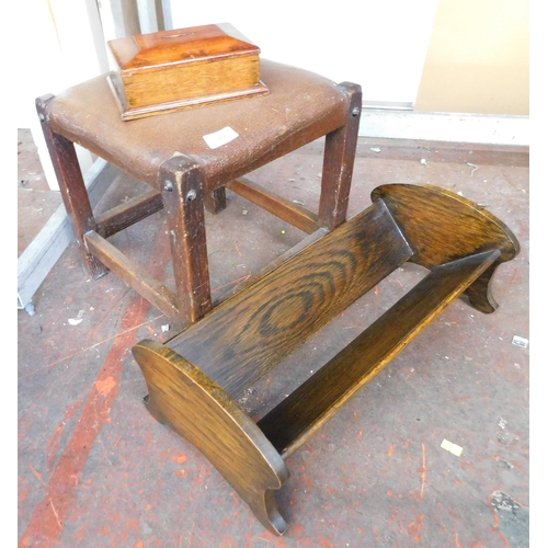 122 - Vintage oak stool, book trough and wooden savings box