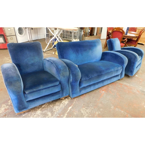 252 - Blue two seater Art Deco sofa and two armchairs - possible upcycle/reupholster