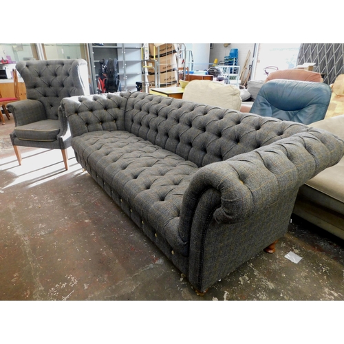 258 - Button backed three seater sofa and armchair - tweed finish (Chesterfield style)