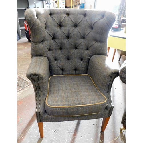 258 - Button backed three seater sofa and armchair - tweed finish (Chesterfield style)