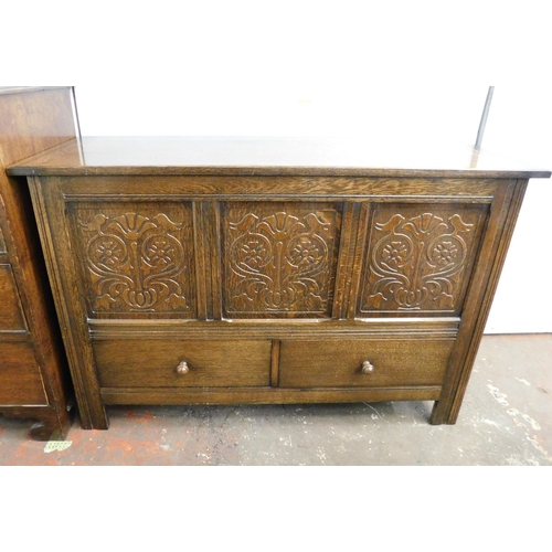 262 - Antique carved oak bedding box with drawers