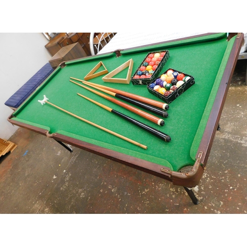 281 - Ambassador 6' x 3' snooker/pool table - incl. four cues, rest, two triangles and boxes of snooker & ... 