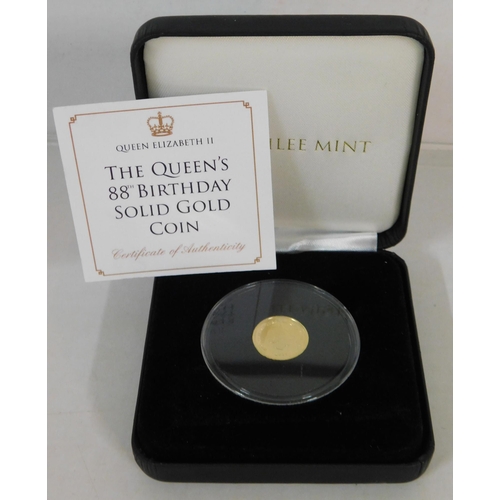 417 - 9ct Gold The Queens 88th Birthday proof coin ltd. edition - weight 1g