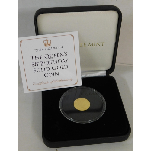 439 - 9ct Gold The Queens 88th Birthday proof coin ltd. edition - weight 1g