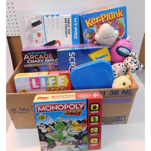 93 - Large box of children's games - incl. Kerplunk, Junior Monopoly, Among Us Figures etc.