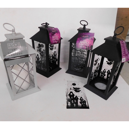 137 - Four Home LED hanging lanterns - in black (Halloween) & 1x grey -unchecked