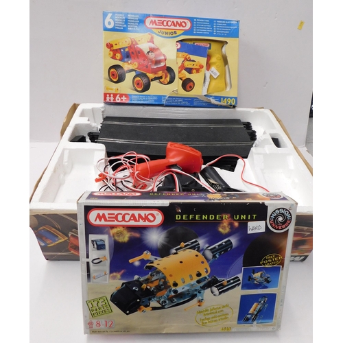 221 - Box of Scalextric (no cars), junior Meccano and Meccano (unchecked)