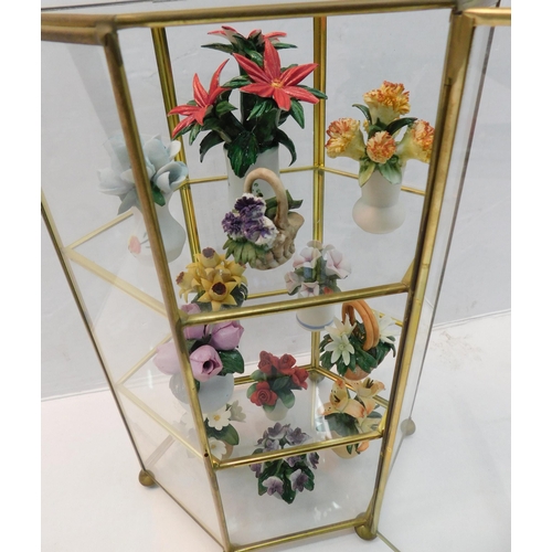 348 - Small display cabinet with porcelain miniature flower collection 'Flowers of the Year'