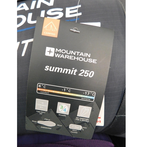 76 - Two Mountain Warehouse Summit 250 sleeping bags and Zempire Pocket Rocket shower tents - unchecked