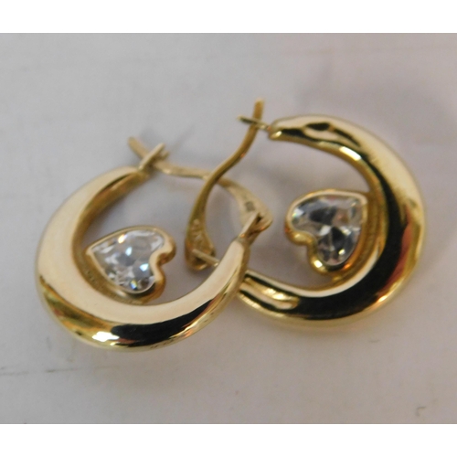 544 - Pair of 9ct gold hoop earrings with white heart stones (0.97g)