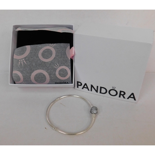 550 - New - Pandora Moments sterling silver sparkling heart pave clasp snake chain bracelet - RRP £80