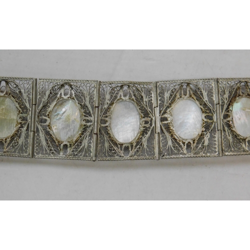 430 - Antique filigree bracelet with screw fitting and mother of pearl hand painted detail