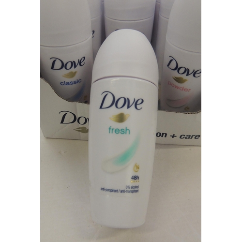 122 - Tray of 18x Dove roll-on deodorants - classic/fresh/powder