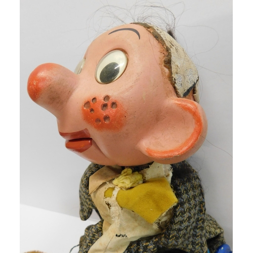 302 - Vintage ventriloquist dummy and Donald Duck and Popeye hand puppets