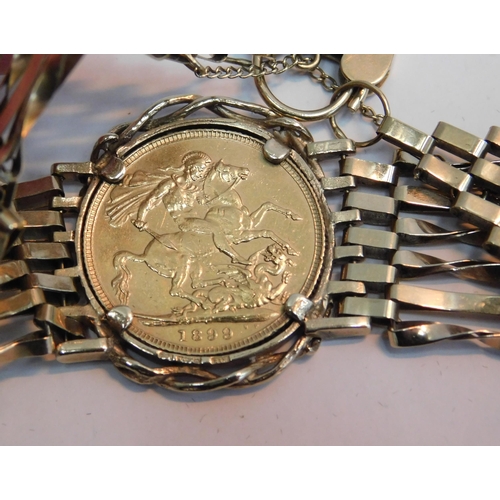 369 - 1899 Victorian old head full 22ct gold sovereign mounted in 9ct gold gate bracelet - combined weight... 