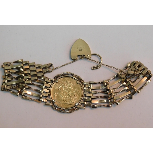 369 - 1899 Victorian old head full 22ct gold sovereign mounted in 9ct gold gate bracelet - combined weight... 