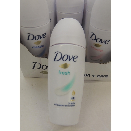 54 - Tray of 18 Dove roll-on deodorants - classic/fresh/powder