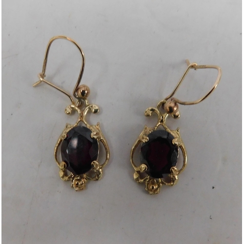 382 - Pair of 9ct gold garnet drop earrings - wired