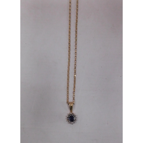 395 - 9ct Gold sapphire and diamond on gold chain - 2.6g