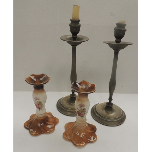 472A - Heavy metal candlesticks and Empress Ironstone ceramic candlesticks - tallest approx. 13