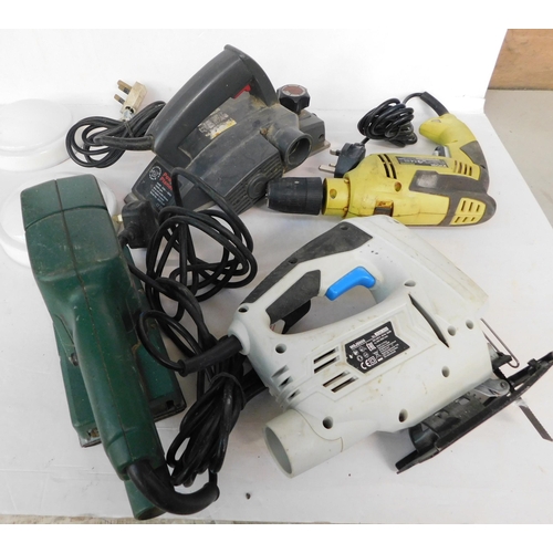 23 - Four electric power tools - incl. planer, jigsaw and drill W/O - plus two bulkhead lights