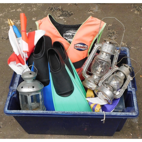 74 - Box of leisure items - incl. flippers, tilley lamps etc.