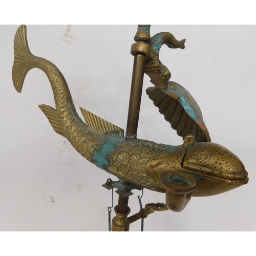 91 - Brass three light oil lamp