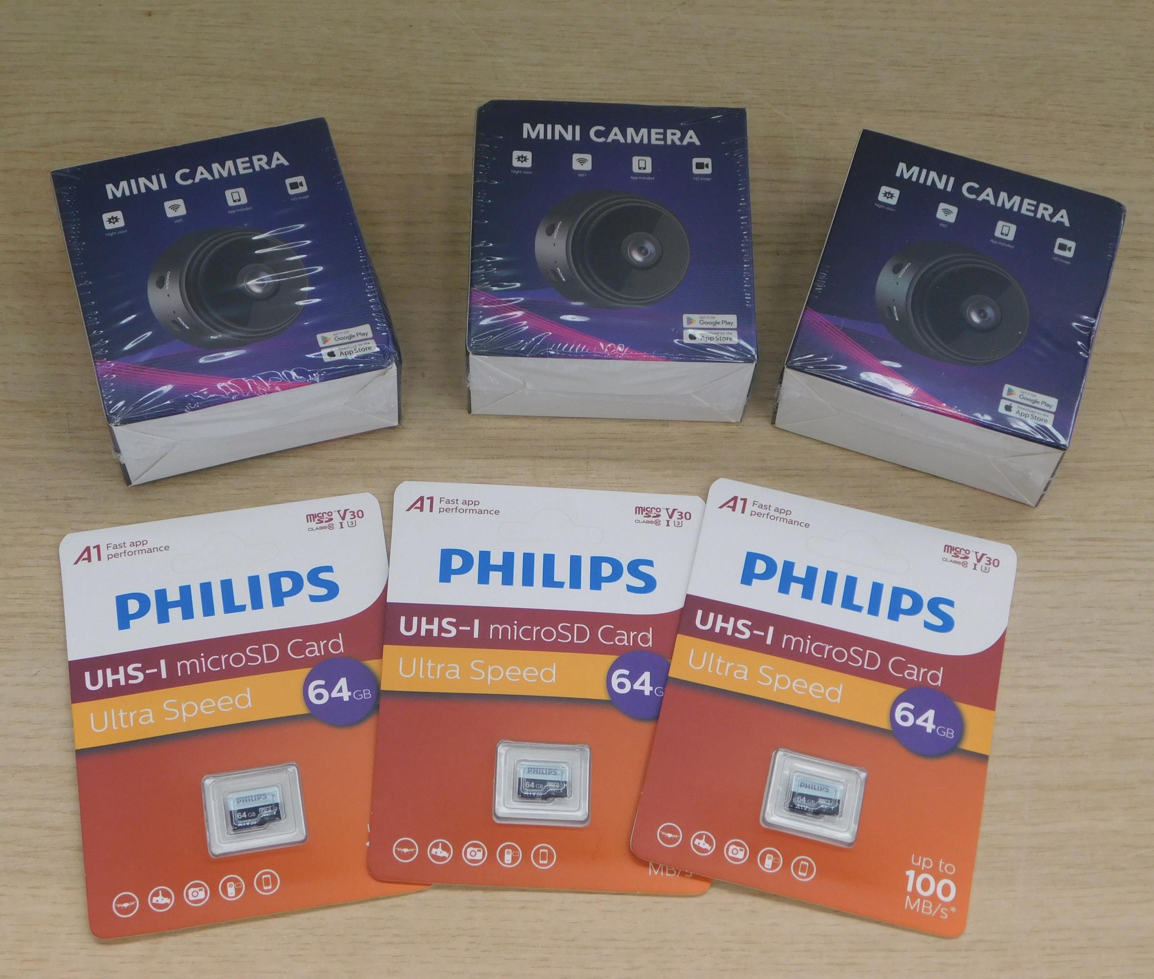 Three mini cameras W/O & SD cards (new/sealed)