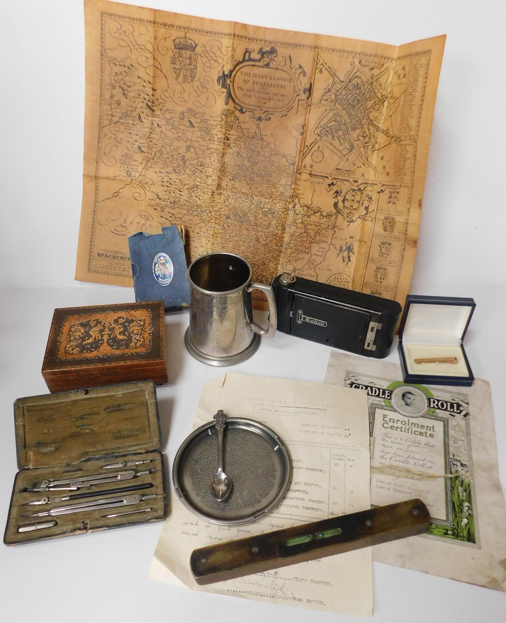 Mixed lot - incl. vintage camera, Rolex spoon, tankard and drafting ...