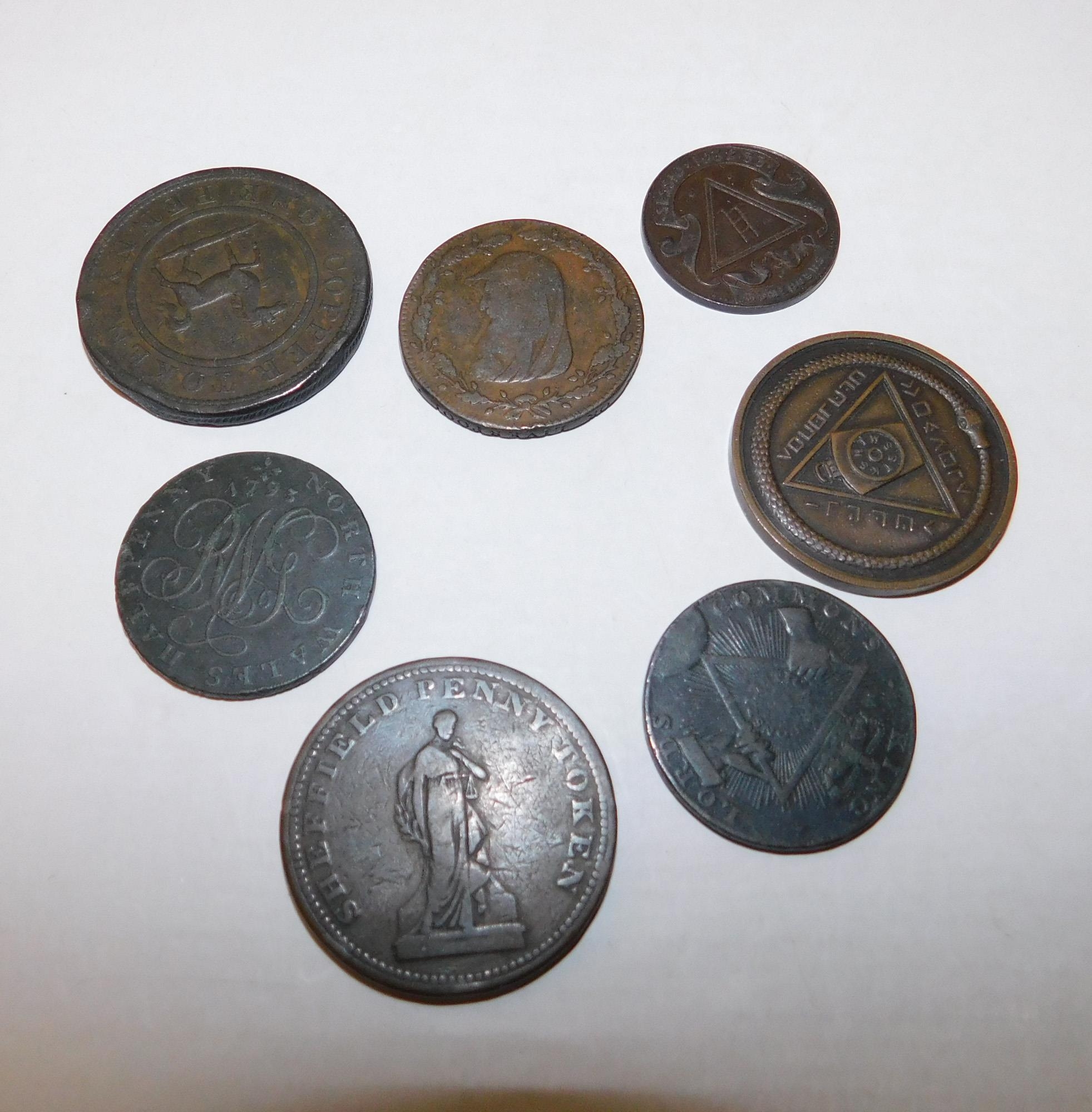 Seven old tokens - incl. three Masonic