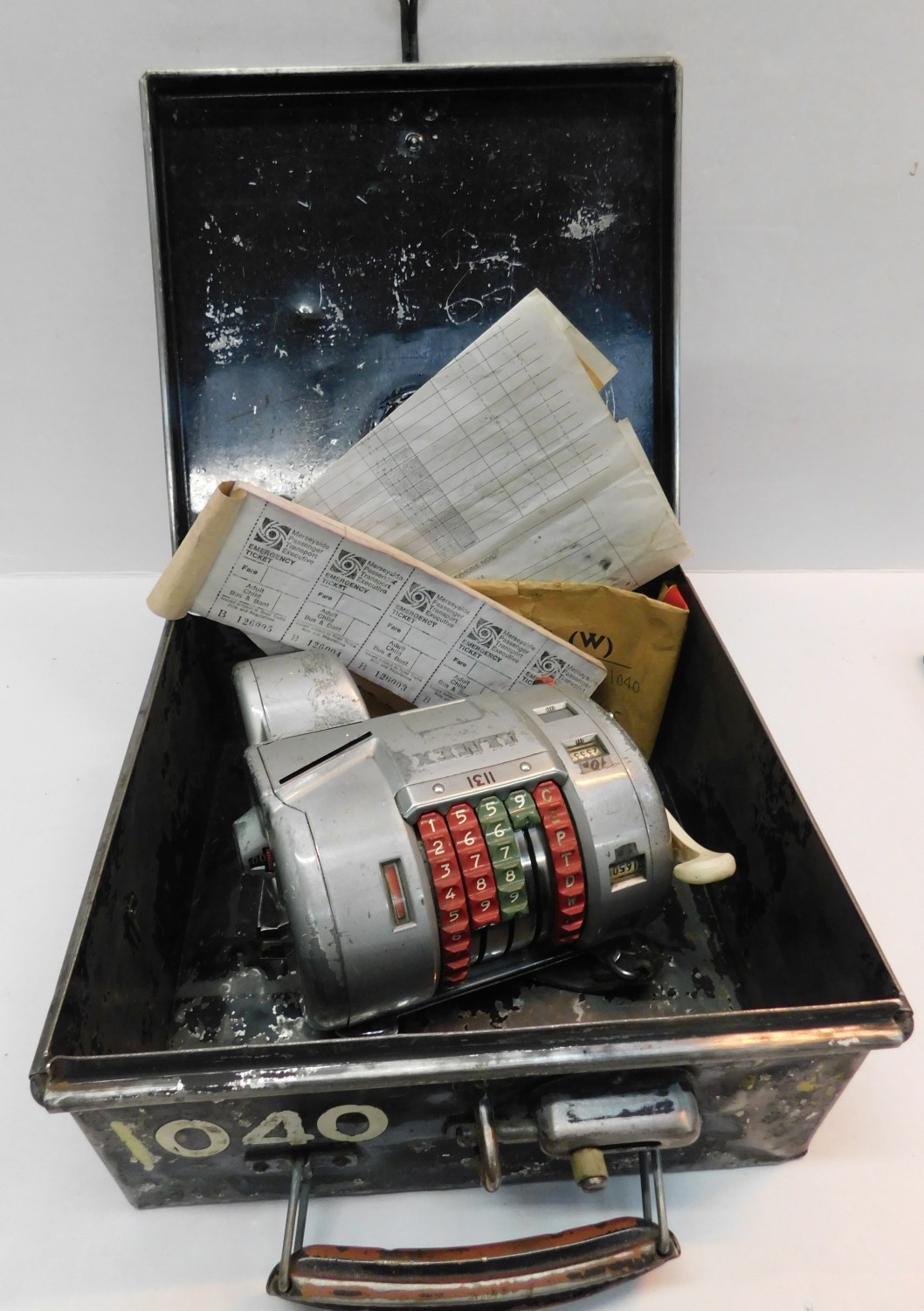 Almex bus conductor ticket machine, emergency tickets and original tin case