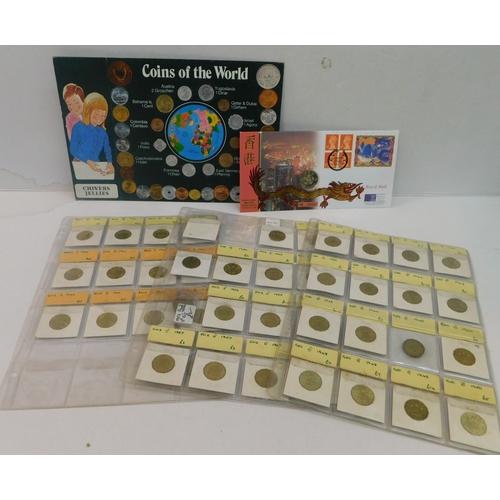 Collection of three pence pieces and 2x World coin sets