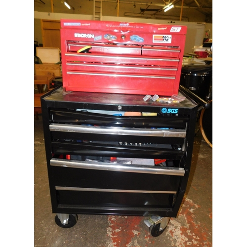 22 - Wheeled five drawer SGS tool cabinet and three over three stack on tool cabinet - both with large ra...