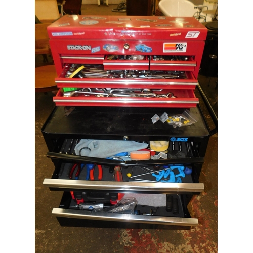 22 - Wheeled five drawer SGS tool cabinet and three over three stack on tool cabinet - both with large ra...