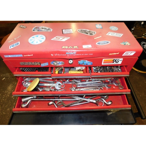 22 - Wheeled five drawer SGS tool cabinet and three over three stack on tool cabinet - both with large ra...
