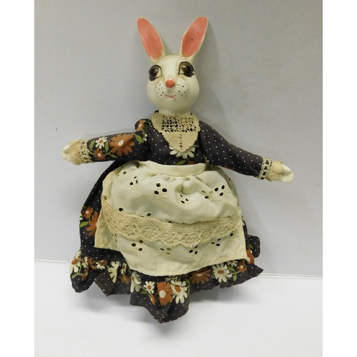 Vintage hand painted porcelain rabbit with soft body and hand made dress