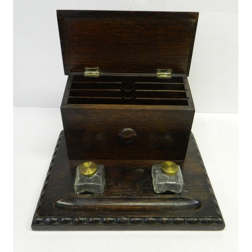 305 - Antique Edwardian oak inkwell & letter box