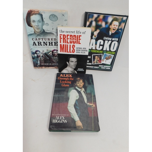 342 - Alex Higgins first edition book with signature plus three others; 2x signed and Foleore Mills 1st ed... 