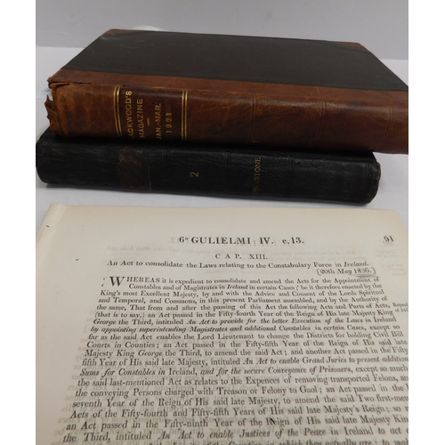 465 - Antique ephemera incl - 1780 Irish travels and 1836 Parliament Act set up police in Ireland and 1921... 