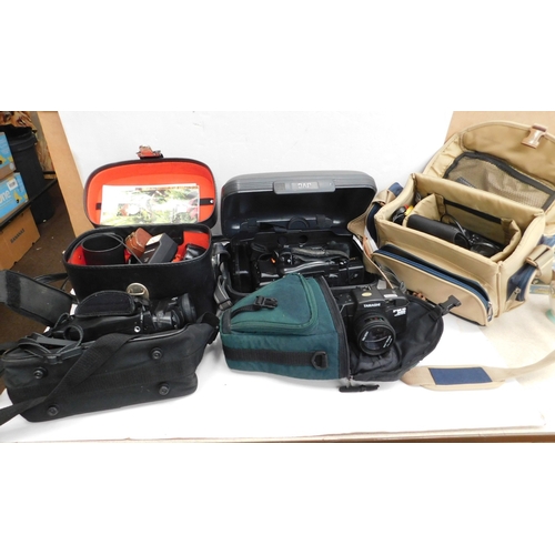 711 - Box of various  photographic equipment including cameras, video, cases including JVC and Panasonic