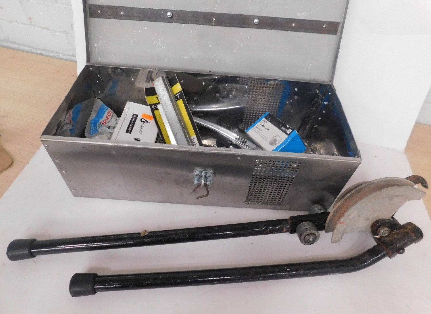 Metal box with tools and pipe bender - approx. 21