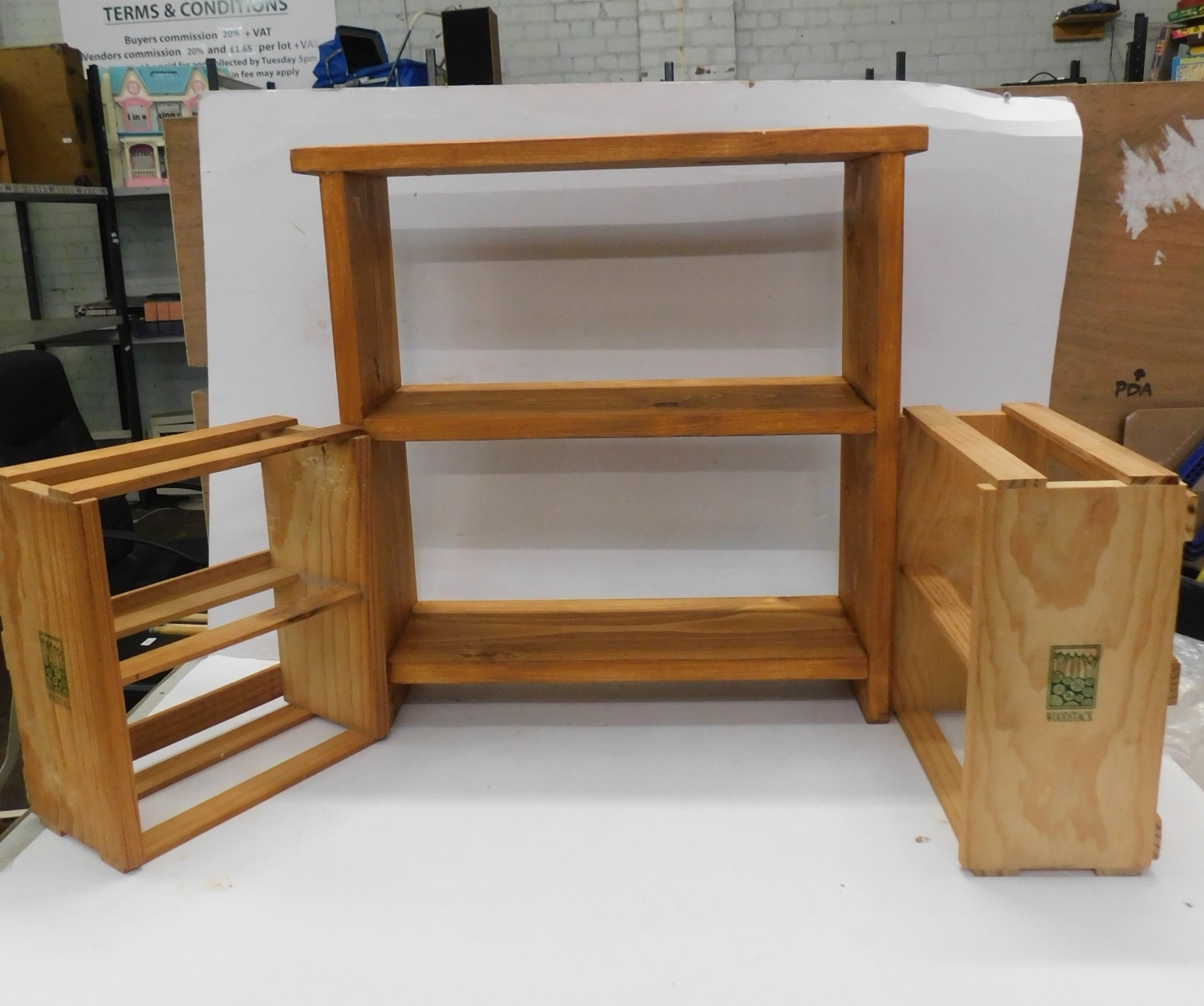 Pine shelf and two small display wood stack units