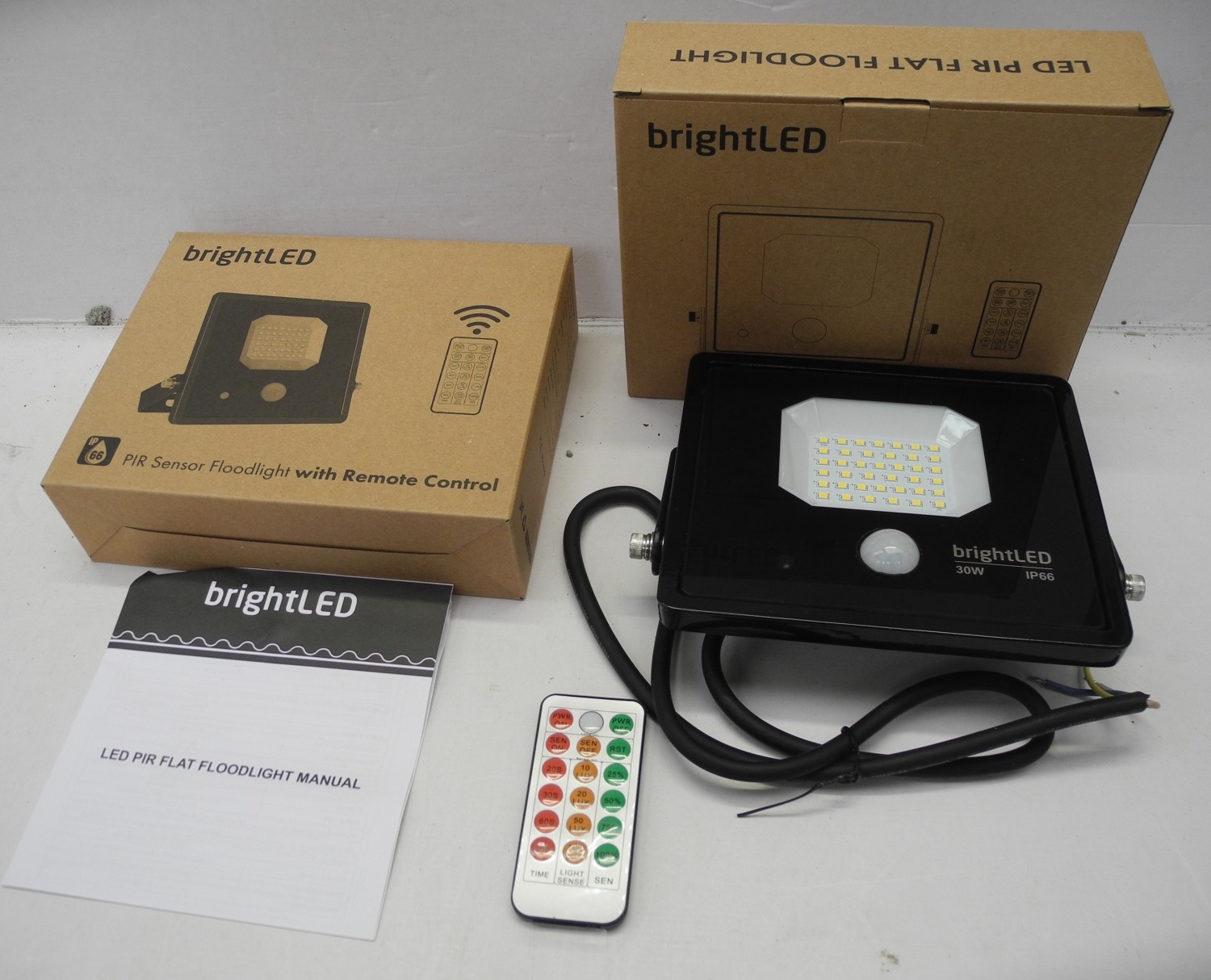Two new in box bright LED Pir sensor floodlights with remote