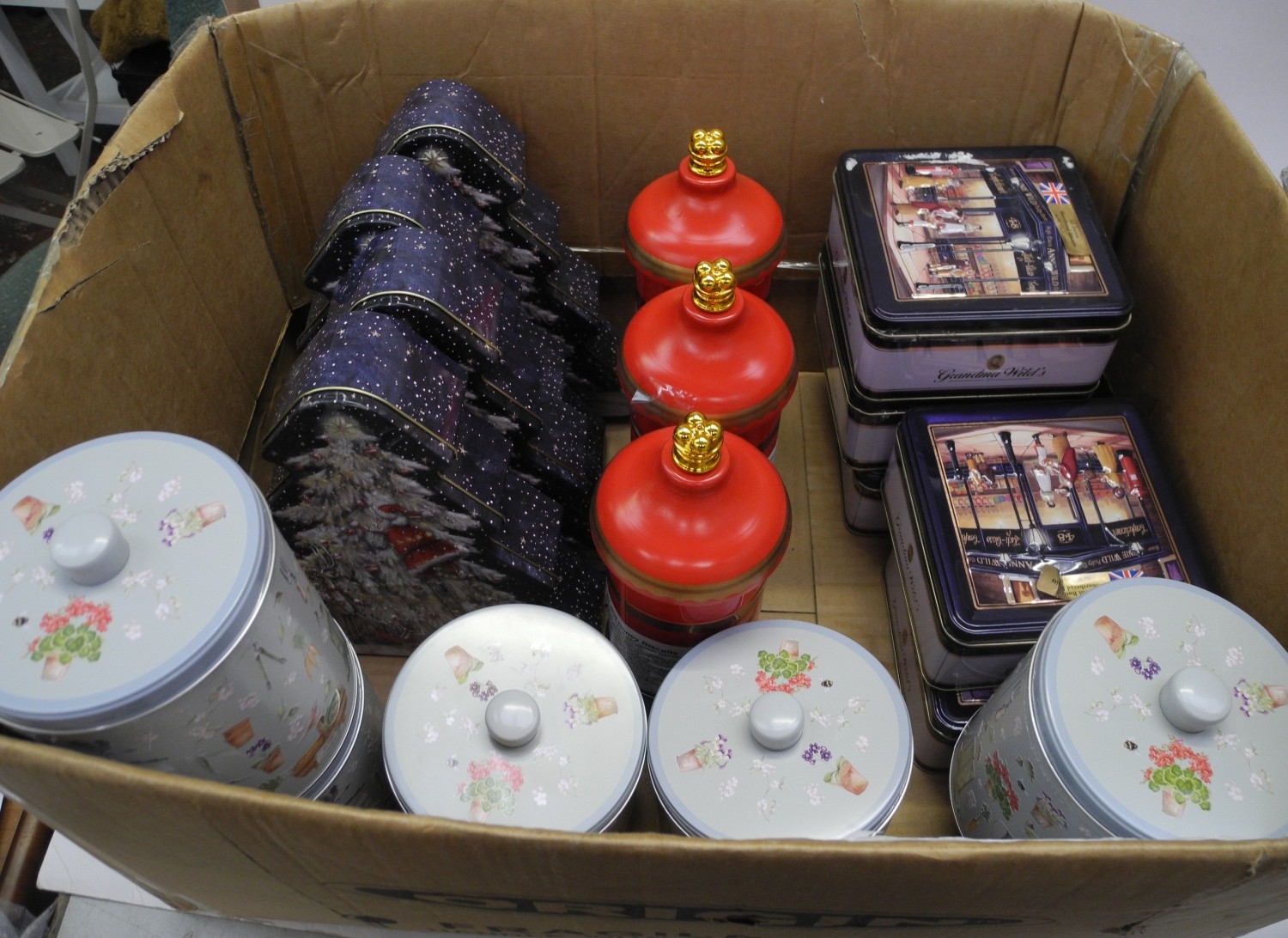 Collection of empty Christmas related tins