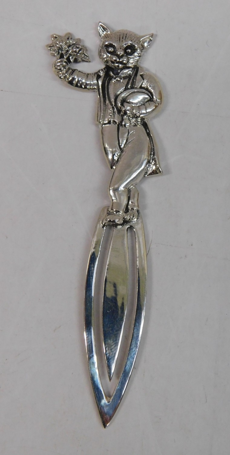 Silver cat with flowers bookmark