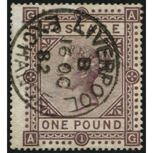 139 - £1 BROWN SG 129 'DEEP SHADE' VFU, 'Liverpool.1882' CDS, excellent colour of this. (c. £4,500)